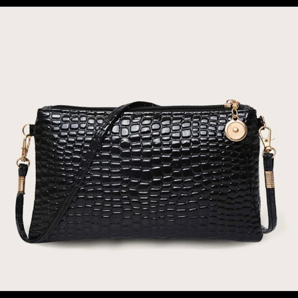 New Black & Gold Vegan Leather Croc Embossed Crossbody Bag - Picture 7 of 16